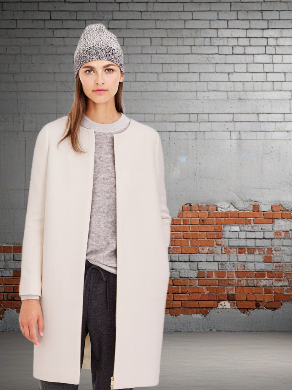 Zara Cream Collarless Long Trench Coat with Contrast Trim